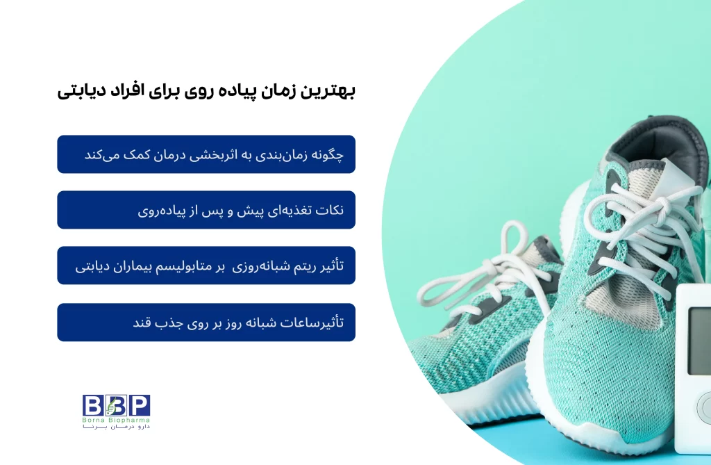 تصویری از فرد مبتلا به دیابت در حال پیاده‌روی در زمان مناسب روز، همراه با نمایش ساعت، نمودار قند خون و نماد انسولین که تأثیر زمان‌بندی پیاده‌روی بر کنترل قند خون و متابولیسم بدن را نشان می‌دهد.